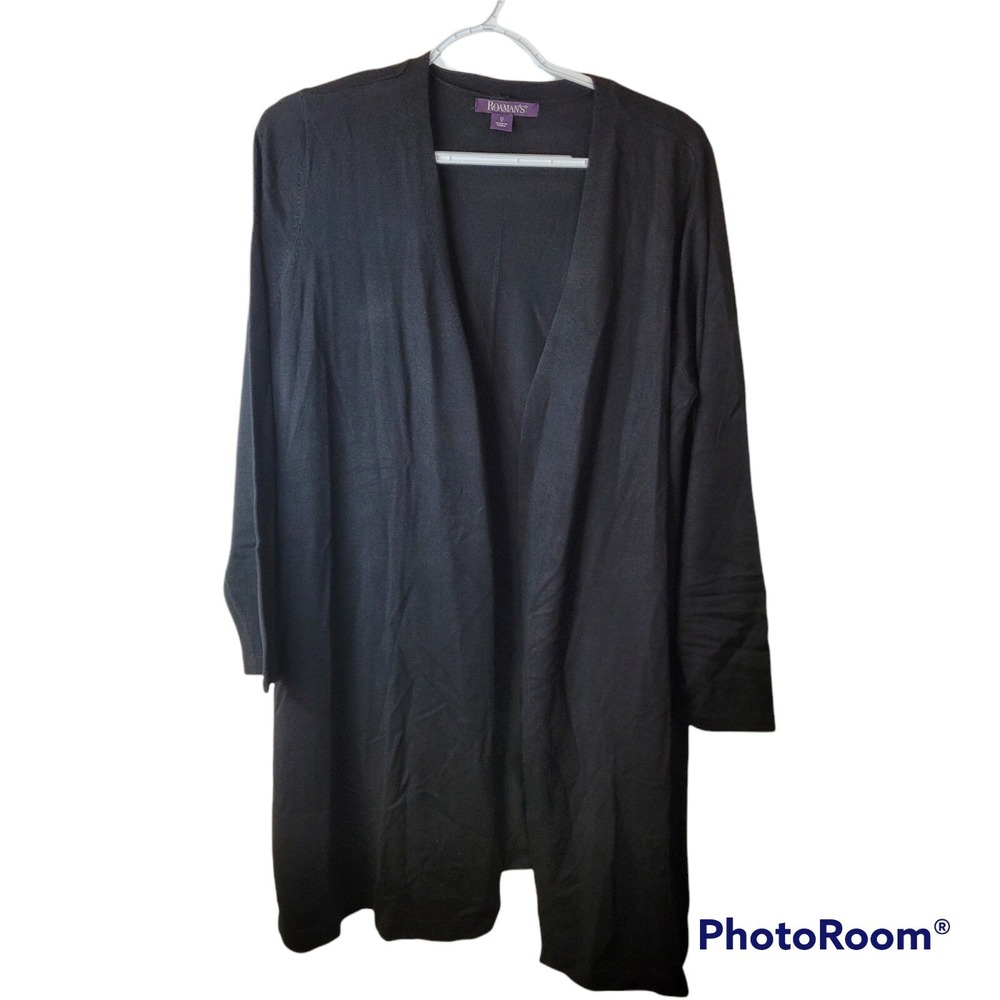 Black Open Front Cardigan Sweater Womens Size 12 Rayon Blend Side Slits Roamans‎